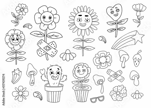 Retro collection of groovy elements. Funny cartoon characters with faces funky flower power with patch  daisy flowers  cactus  mushrooms. Vector clipart vintage hippy style. Isolated linear doodle