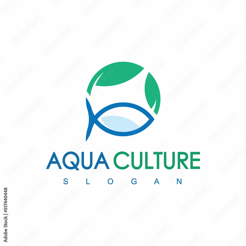 Blue Round Fish And Leaf Logo Aqua Culture Icon Concept Isolated On White Background Blue Round Fish And Leaf Logo Aqua Culture Icon Concept Isolated On White Background