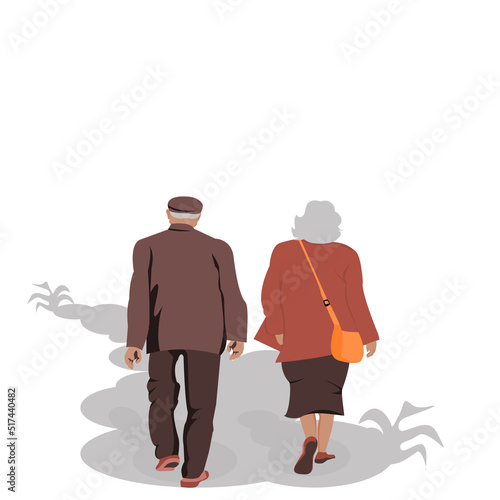 Back side of Old couple are walking together on white background.Elderly man and old woman are standing. Flat style modern vector illustration isolated concept for Valentine’s Day or love forever.