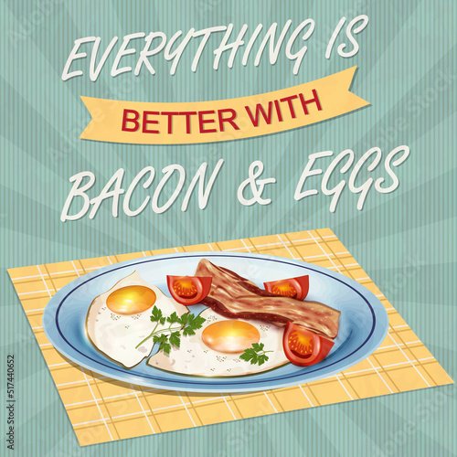 Breakfast  eggs with bacon . Vector Illustration. 
