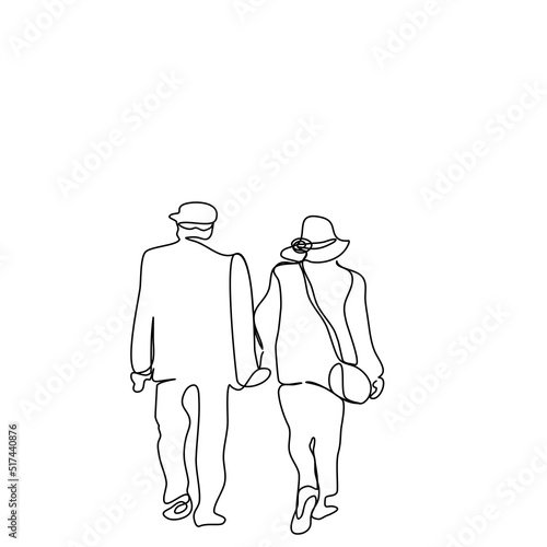 Backside of Old couple are walking together in continue line style.Senior man and woman  walking together in drawing in single line. Minimalist black linear sketch vector isolated on white background.