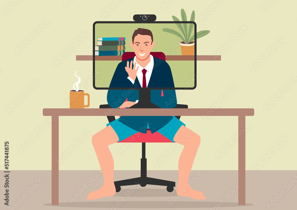 Man works from home still wearing shorts while video conferencing