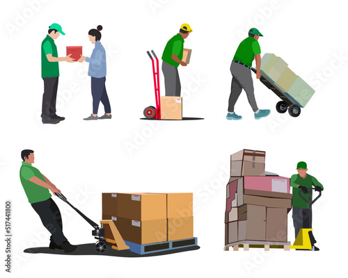 Warehouse and logistic Management, logistic process, Warehouse worker or delivery team. Shipping and delivery procedures. parcel boxes deliver to customer. vector illustration