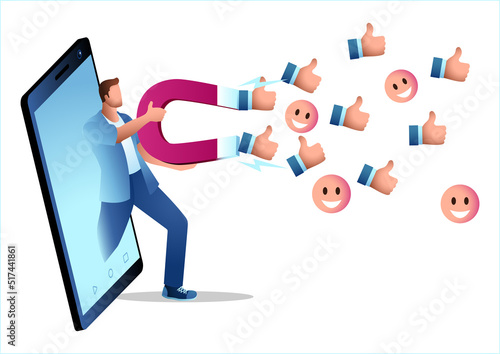 Man comes out of the phone with a giant magnet to attract like icons and smile emoticons