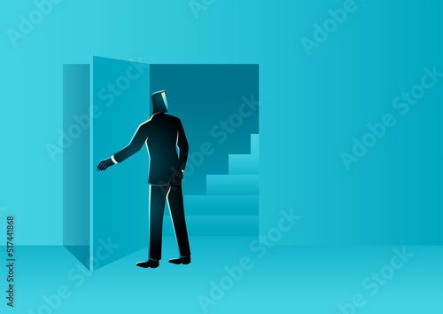 Businessman opens the door and finds a staircase inside