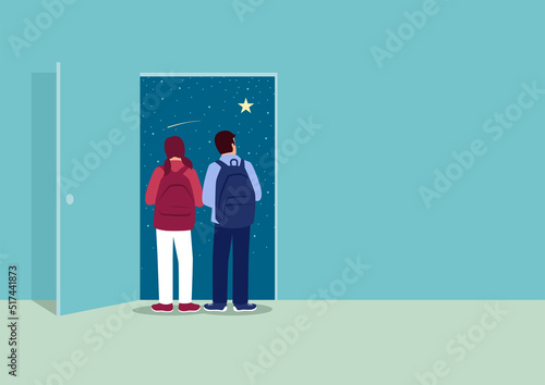 Vastness of outer space seen through from the opened door in human head
