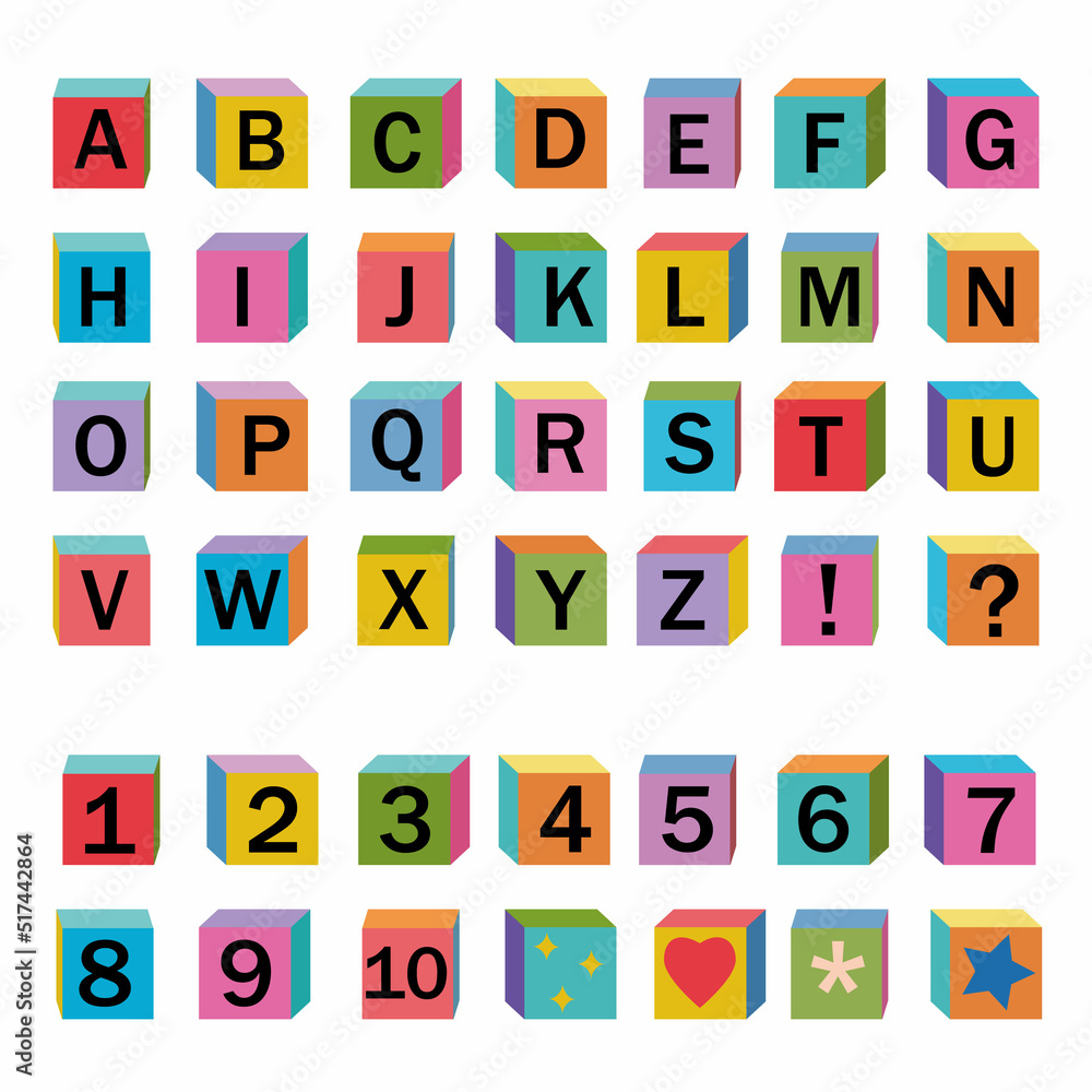 Alphabet and numbers made of wooden cubes, color vector illustration, letters Alphabet and numbers made of wooden cubes, color vector illustration, letters