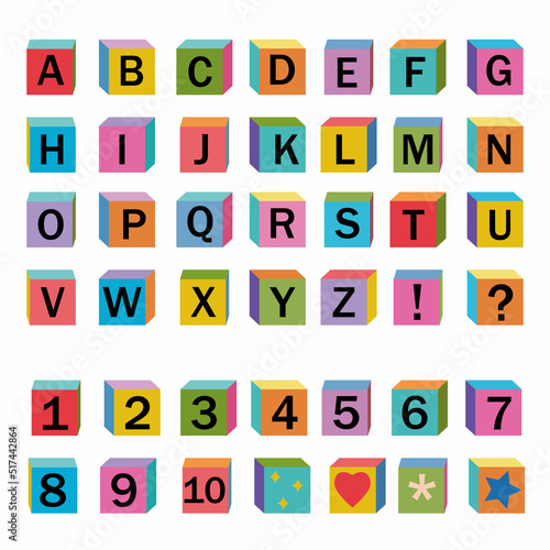 Alphabet and numbers made of wooden cubes  color vector illustration  letters