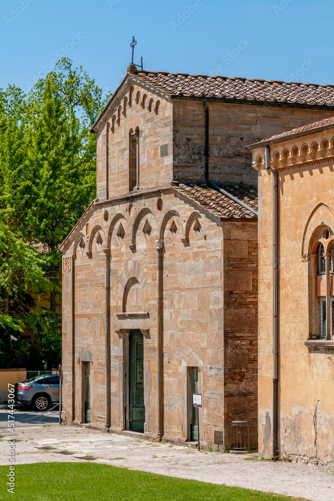 The facade of the ancient Pieve di Santa Maria church in Vicopisano, Pisa, Italy