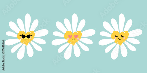 Cute smiling daisy flower set. Chamomile with happy emotion.illustration for nature design. Vector cartoon style icon. 