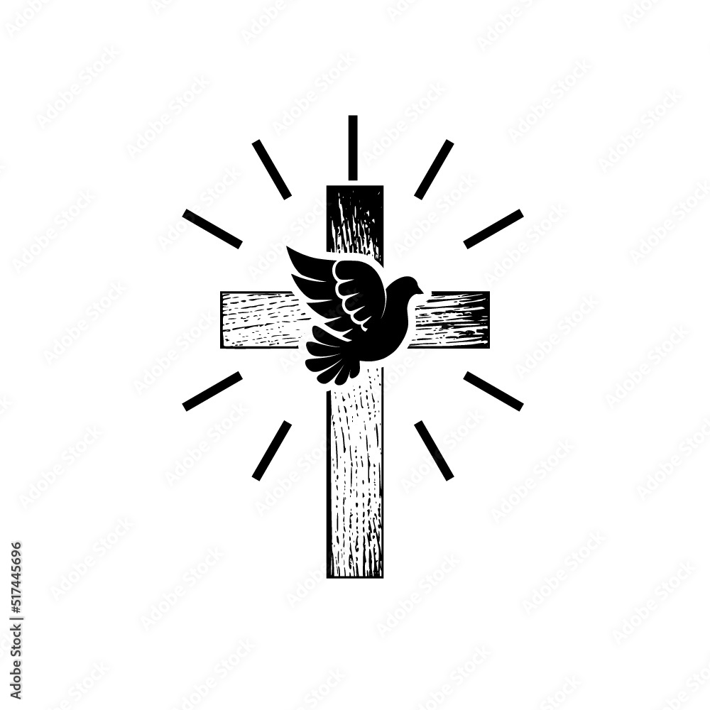 Dove and Old christian wooden cross icon isolated on white background Dove and Old christian wooden cross icon isolated on white background
