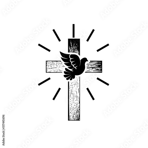 Dove and Old christian wooden cross icon isolated on white background
