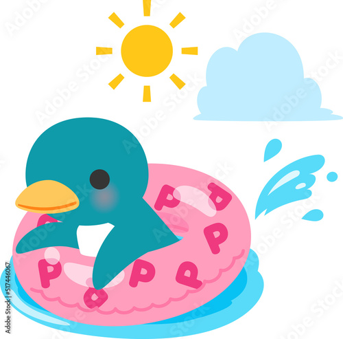 浮き輪を使って泳ぐペンギンのキャラクター