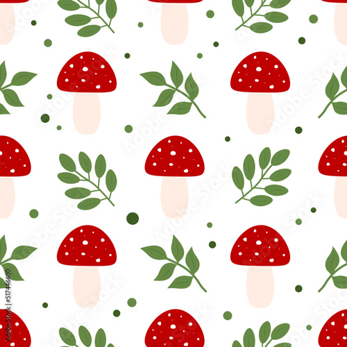 Seamless pattern mushrooms fly agaric leaves vector illustration
