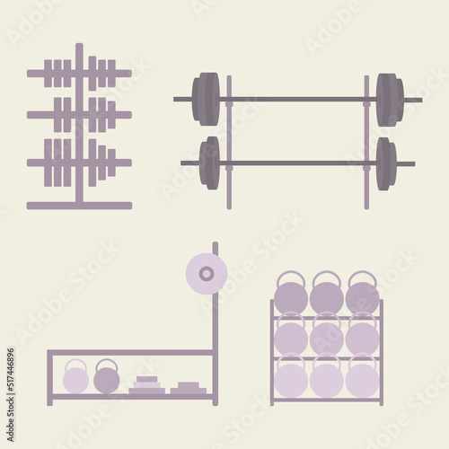 Equipment for the gym. Barbells, a rack with dumbbells, kettlebells, weights. Vector flat illustration, elements for the background.