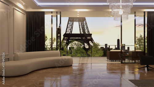 テレビ会議背景用 ZOOM会議背景用 CG 高級ホテル 部屋 窓 パリ 窓からエッフェル塔が見える for using in video conference and as a zoom background.