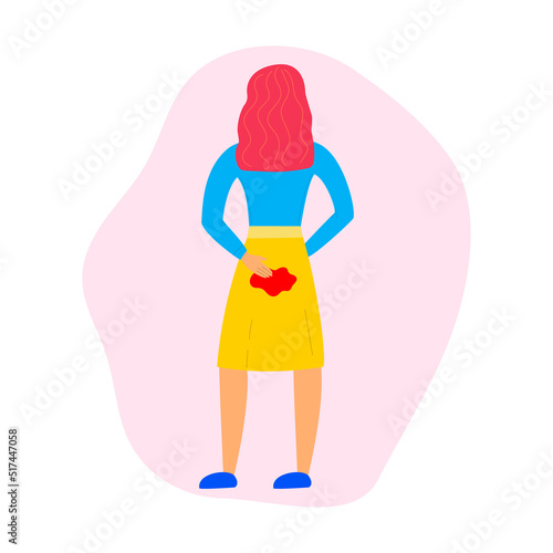 Young girl character is leaking during menstruation. Stain pants blood. Period. Feminine hygiene. Menstrual protection. Flat vector illustration.