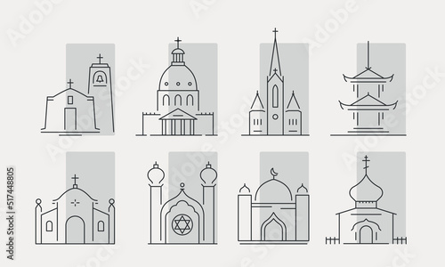 Church line icons set. Christianity, Islam, Jewish creed. House for God, holy building. Architecture in the city and countryside. Vector illustration