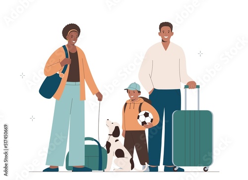 African American family goes on vacation. Mother, father, child and dog travel together. Concept of traveling with pets.