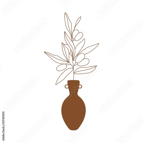 Vase with olive branch. Minimalist vector illustration for posters, cards, logo, printing on t-shirt etc.