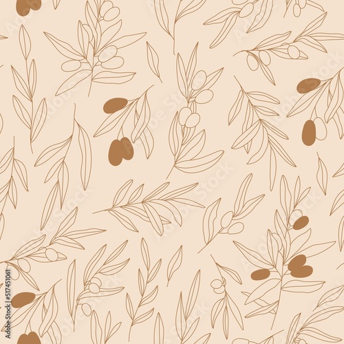 Seamless pattern of olive branches. Botanical illustration with leaves and fruits. Editable vector illustration for wrapping paper, packaging, oil label, wedding Invitations etc.