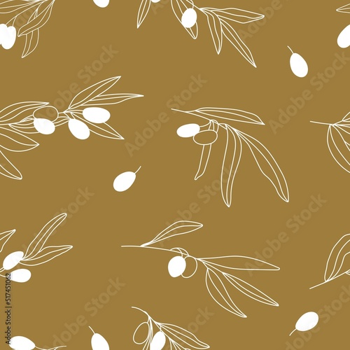 Seamless pattern of olive branches. Botanical illustration with leaves and fruits. Editable vector illustration for wrapping paper, packaging, oil label, wedding Invitations etc.