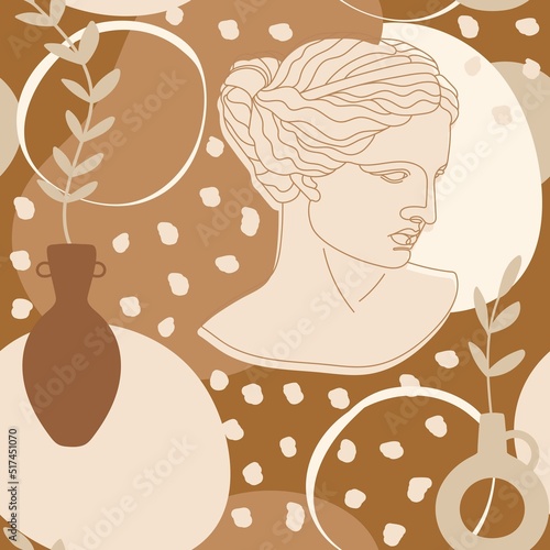 Seamless pattern with antique sculpture of Aphrodite, abstract terracotta shape, plants, sun, lira and olive branch. Editable vector illustration for wrapping paper, packaging, fabric, wallpaper etc.
