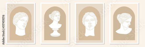 Set of abstract vertical  posters with antique goddess statue and geometric shape. Aphrodite or Venus one line art. Illustration for social media, posters, invitation etc. Vector design.