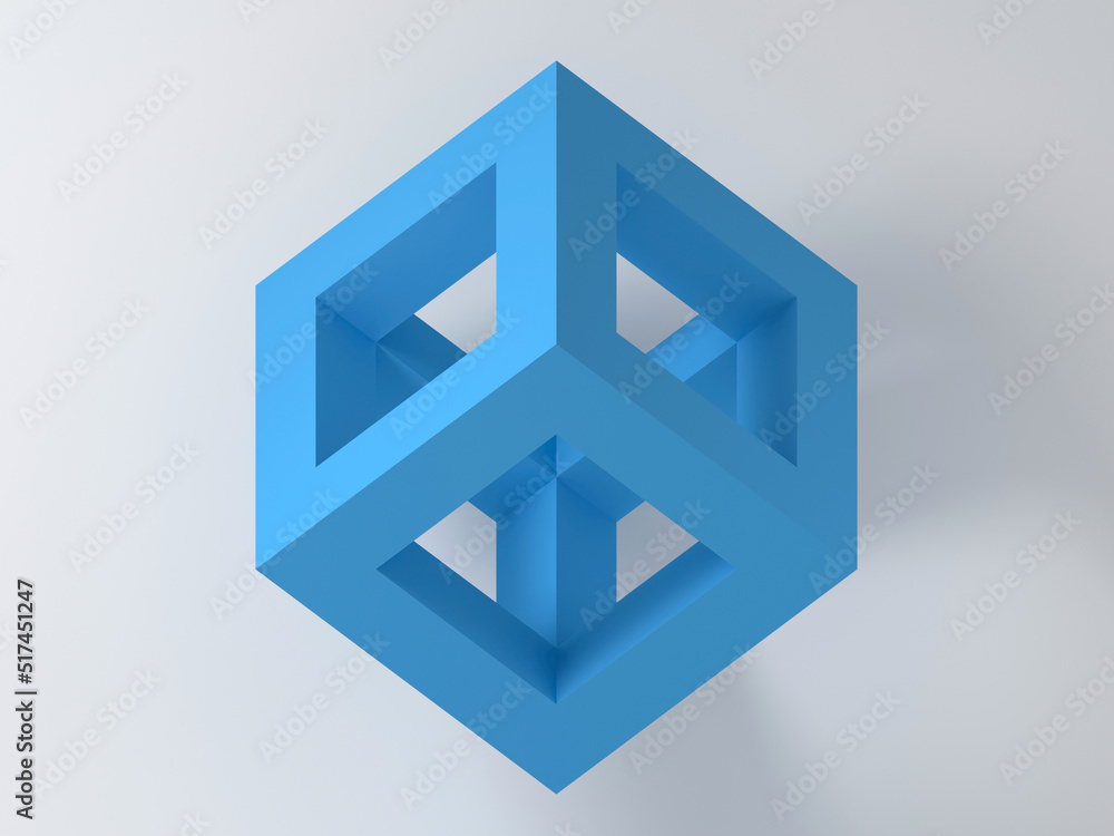 Blue cube frame placed over white wall background, 3d