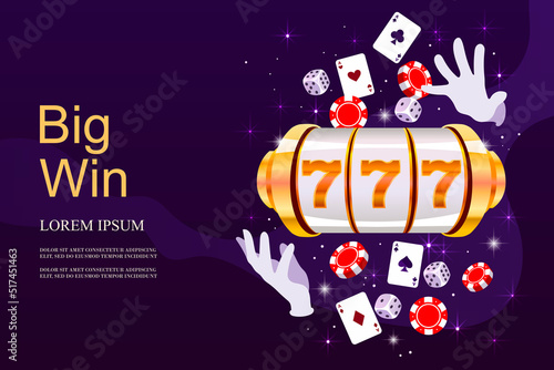Online casino greeting template. Landing page design, advertising. Cards, chips, jackpot. Big win. Poker, dice. Vector realistic illustration. EPS 10
