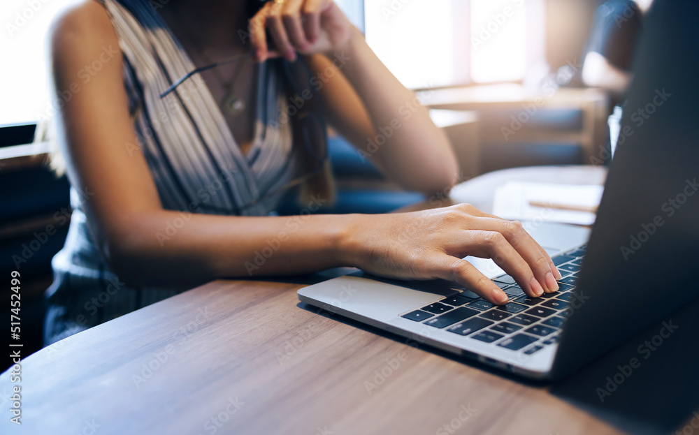 Fototapeta premium Close up view, young asian woman using laptop computer to working or meeting online with her business group, During a day feman relaxing and use her laptop shopping online