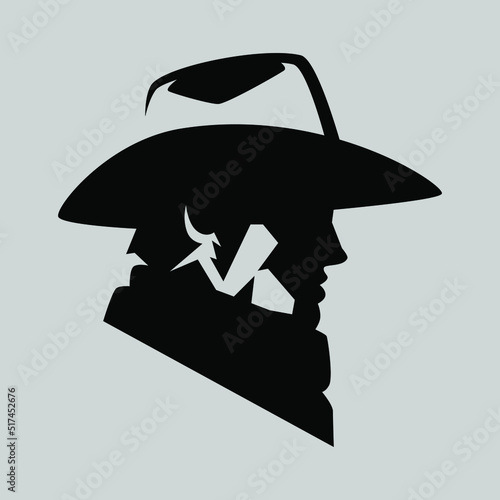 Cowboy portrait side view symbol on gray backdrop. Design element