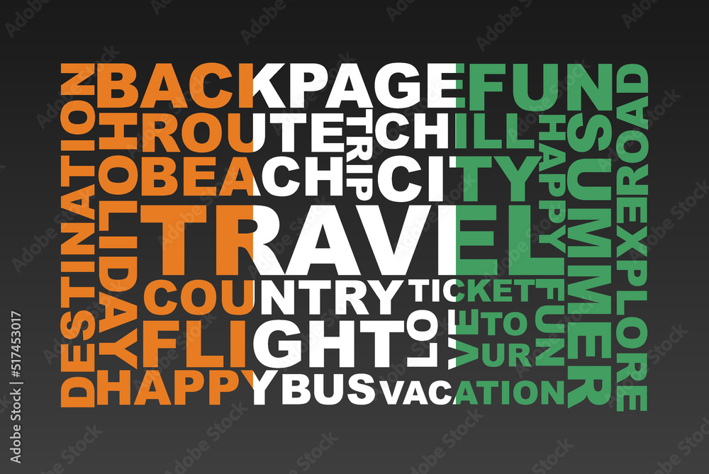 Ivory Coast flag shape of travel keywords, travel concept, abroad vacation idea, simple flat design, Ivory Coast flag mask on holiday words, tourism banner