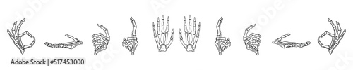 Set of hand drawn skeleton hands in different positions. Vector phalanx bone hands isolated on white background. Tattoo. Occultism, esoteric, spiritual design elements. Death. Mexico. Halloween.