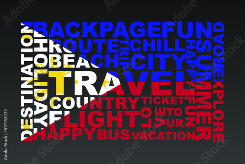Philippines flag shape of travel keywords, travel concept, abroad vacation idea, simple flat design, Philippines flag mask on holiday words, tourism banner
