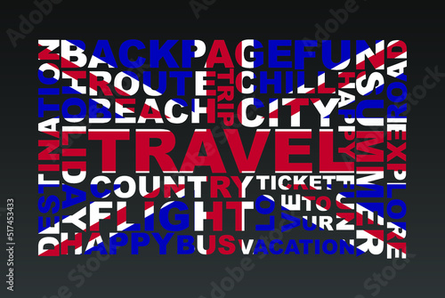 United Kingdom flag shape of travel keywords, travel concept, abroad vacation idea, simple flat design, United Kingdom flag mask on holiday words, tourism banner