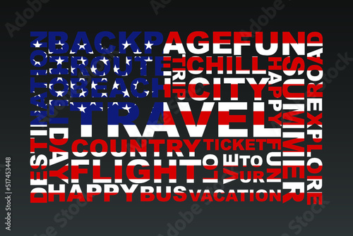 USA flag shape of travel keywords, travel concept, abroad vacation idea, simple flat design, USA flag mask on holiday words, tourism banner