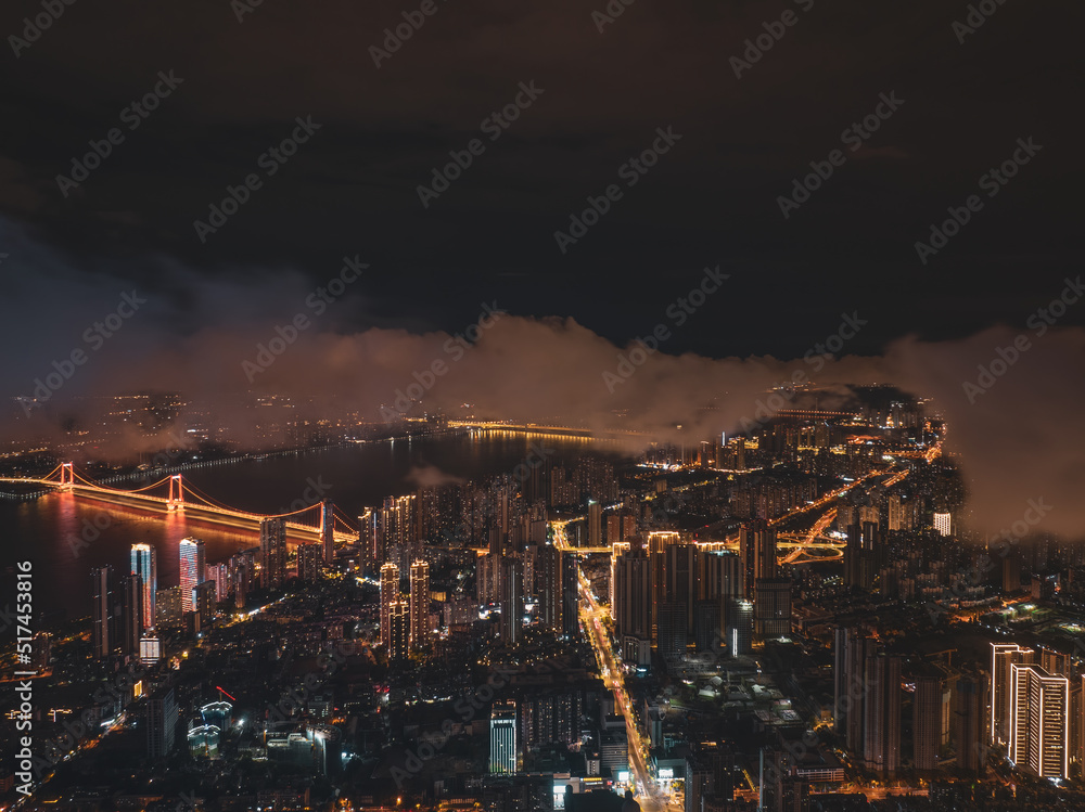 Fototapeta premium Hubei Wuhan Summer Urban Night Skyline Aerial photography scenery