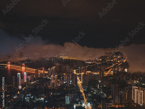 Hubei Wuhan Summer Urban Night Skyline Aerial photography scenery