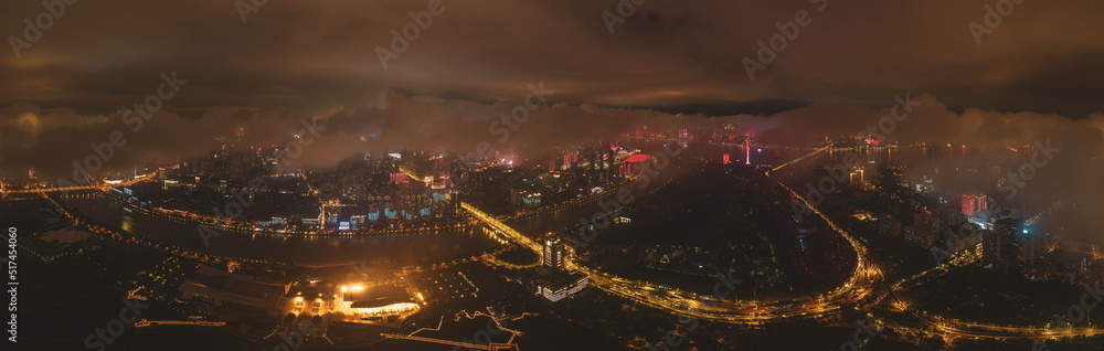 Hubei Wuhan Summer Urban Night Skyline Aerial photography scenery