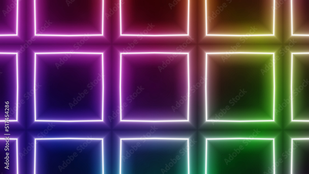 Geometric shapes with flash rainbow glow lights on a black background - Minimalistic wallpaper image with colorful flash light, smoke and mist