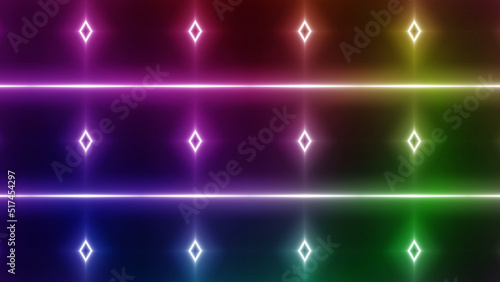 Geometric shapes with flash rainbow glow lights on a black background - Minimalistic wallpaper image with colorful flash light  smoke and mist