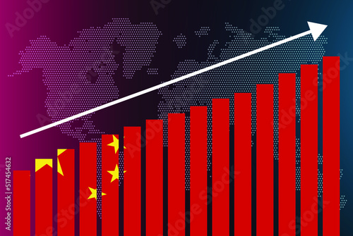 China bar chart graph, increasing values, country statistics concept, China country flag on bar graph