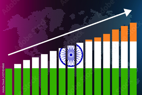 India bar chart graph, increasing values, country statistics concept, India country flag on bar graph