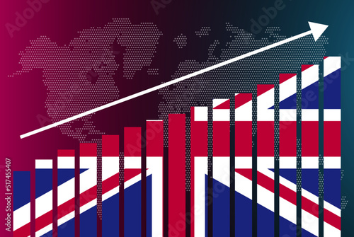 United Kingdom bar chart graph, increasing values, country statistics concept, United Kingdom country flag on bar graph