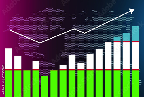 Uzbekistan bar chart graph with ups and downs, increasing values, Uzbekistan country flag on bar graph, upward rising arrow on data, news banner idea, developing country concept