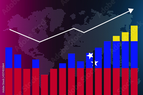 Venezuela bar chart graph with ups and downs, increasing values, Venezuela country flag on bar graph, upward rising arrow on data, news banner idea, developing country concept
