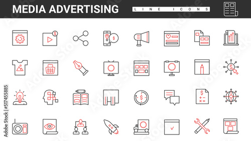 Media advertising agency, digital marketing thin red and black line icons set vector illustration. Abstract outdoor ads, print on shirt, online video and radio campaign and commercial announcement