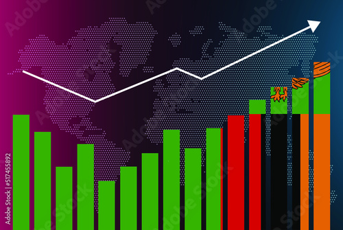 Zambia bar chart graph with ups and downs, increasing values, Zambia country flag on bar graph, upward rising arrow on data, news banner idea, developing country concept