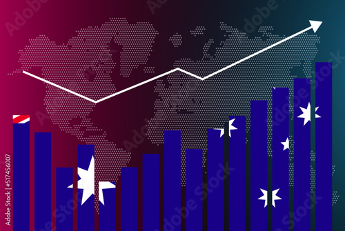 Australia bar chart graph with ups and downs, increasing values, Australia country flag on bar graph, upward rising arrow on data, news banner idea, developing country concept